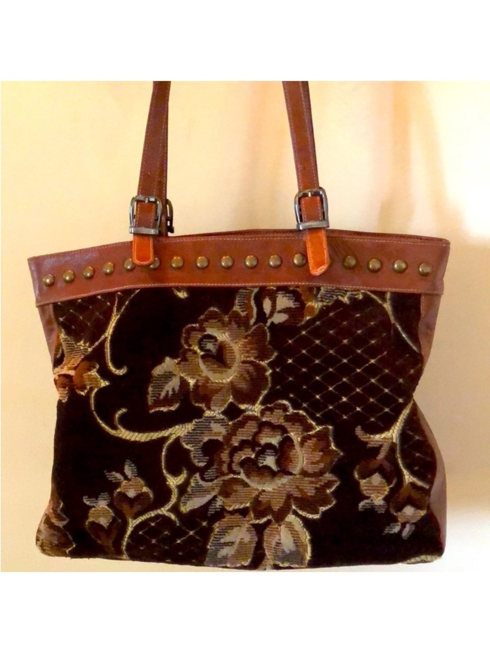 Isabella fiore Brown Floral Tote Bag with Stud Accents